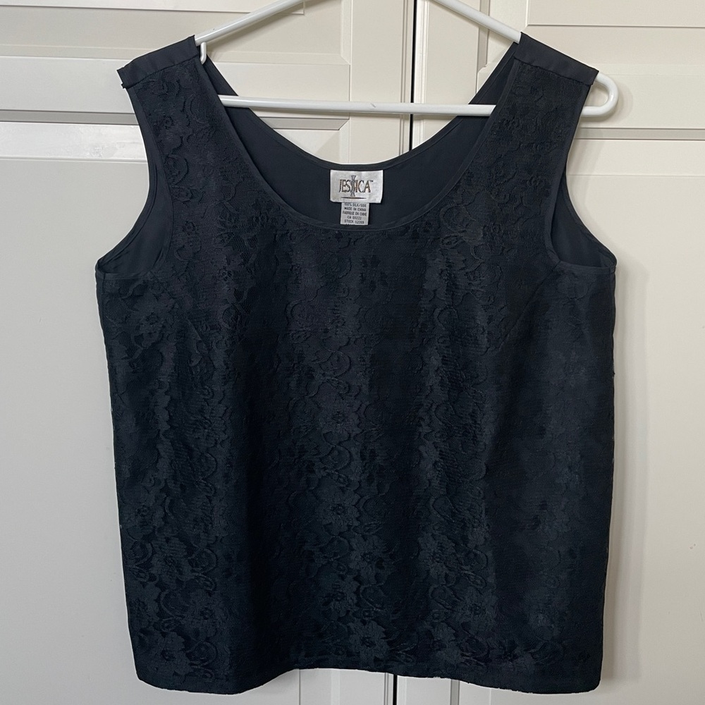 Vintage Silk Tank Top with Black Lace